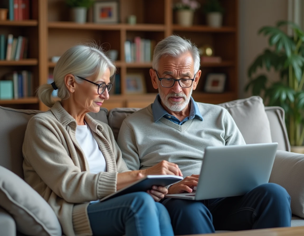 Couple de retraités consultant leur espace retraite complémentaire en ligne depuis leur salon