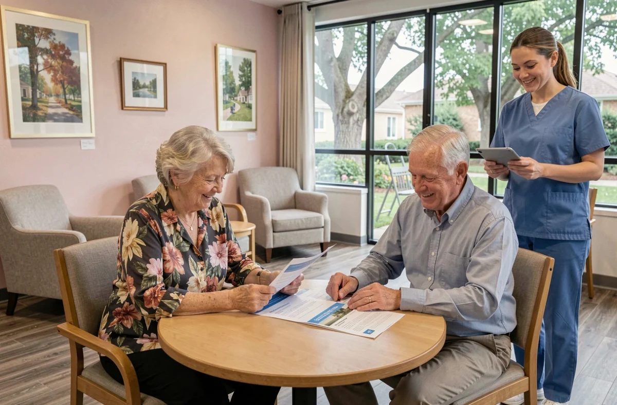 Un couple de seniors consulte des documents sur les aides financières disponibles à l'entrée en maison de retraite, accompagné d'un membre du personnel soignant dans un établissement moderne