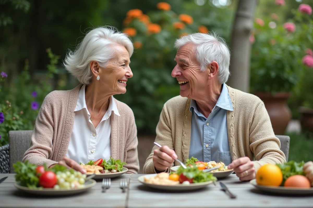 Couple agee partage un repas sain dans un jardin