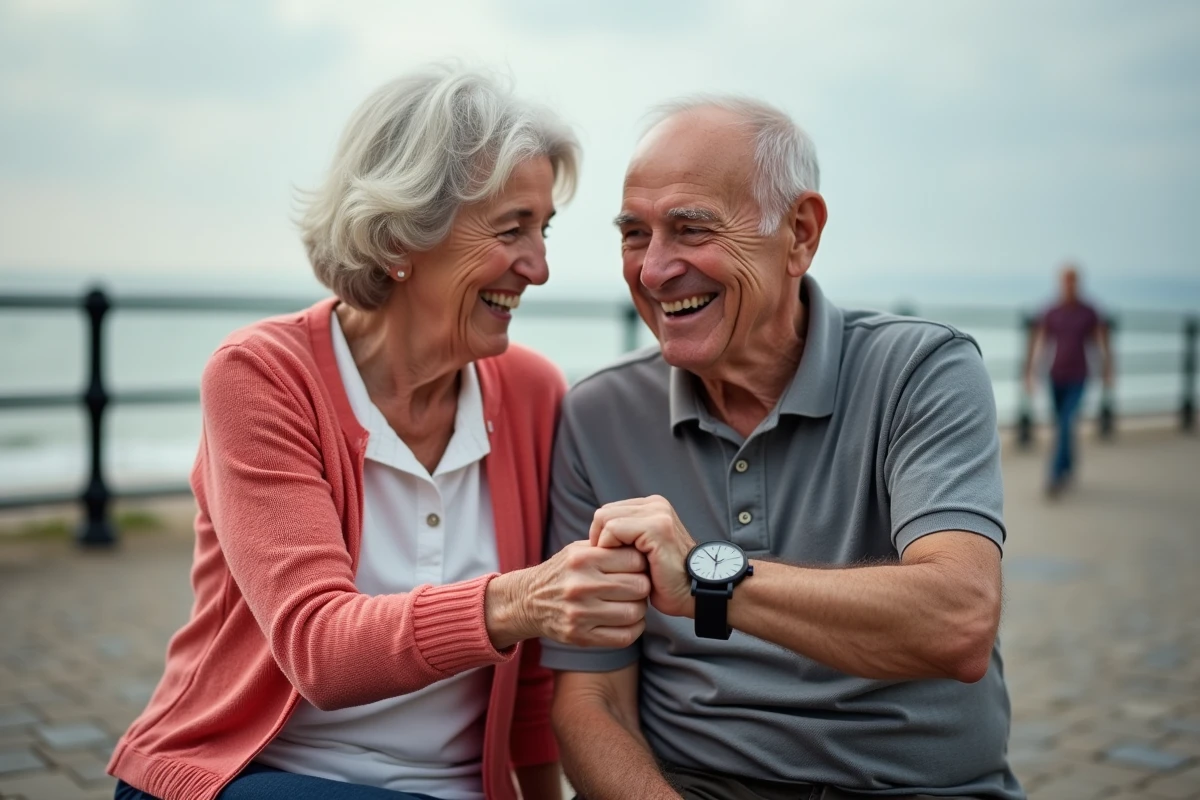 Couple de seniors sur un bord de mer partageant un moment complice autour d'une montre SOS