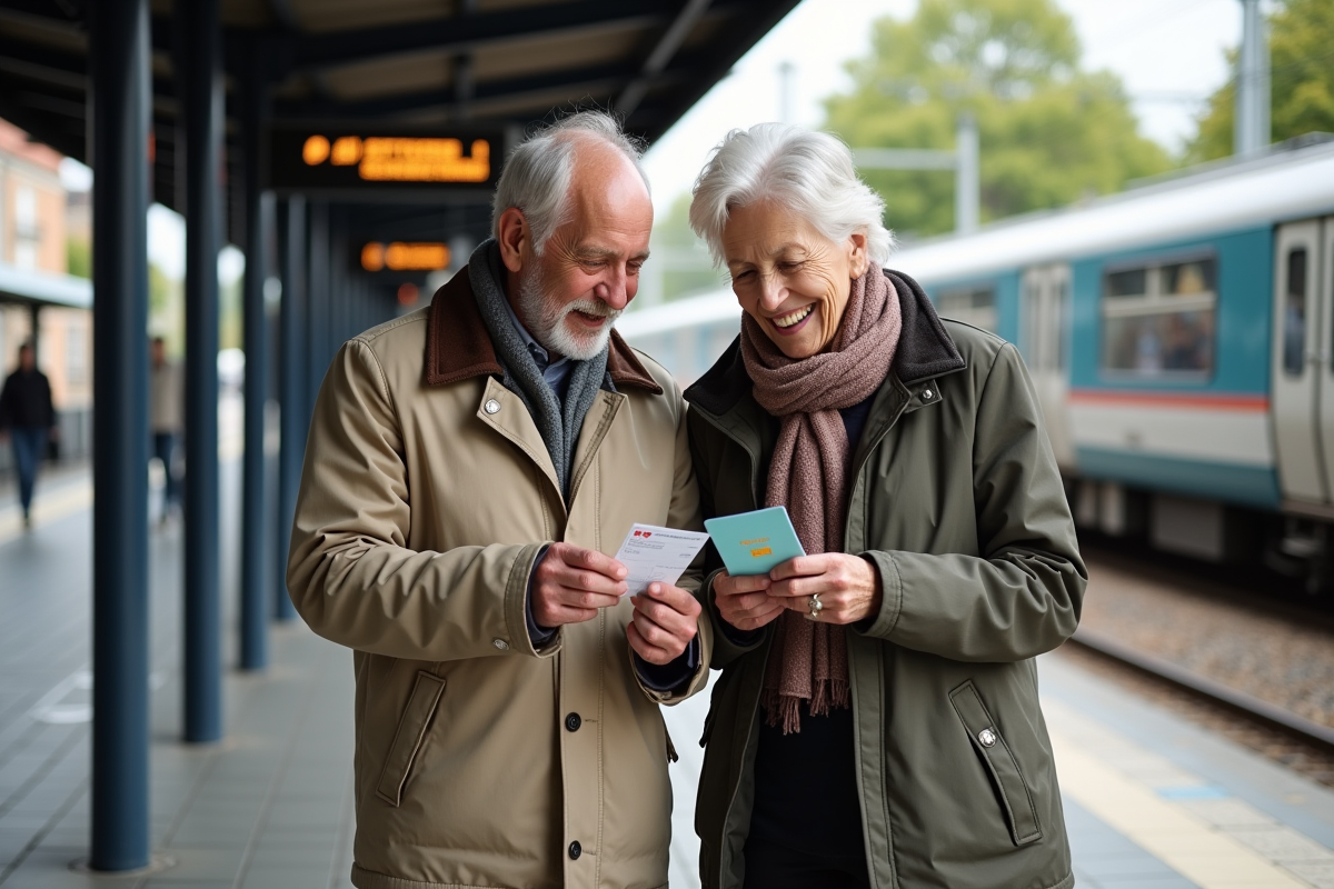 Couple de retraités examinant cartes et billets à la gare