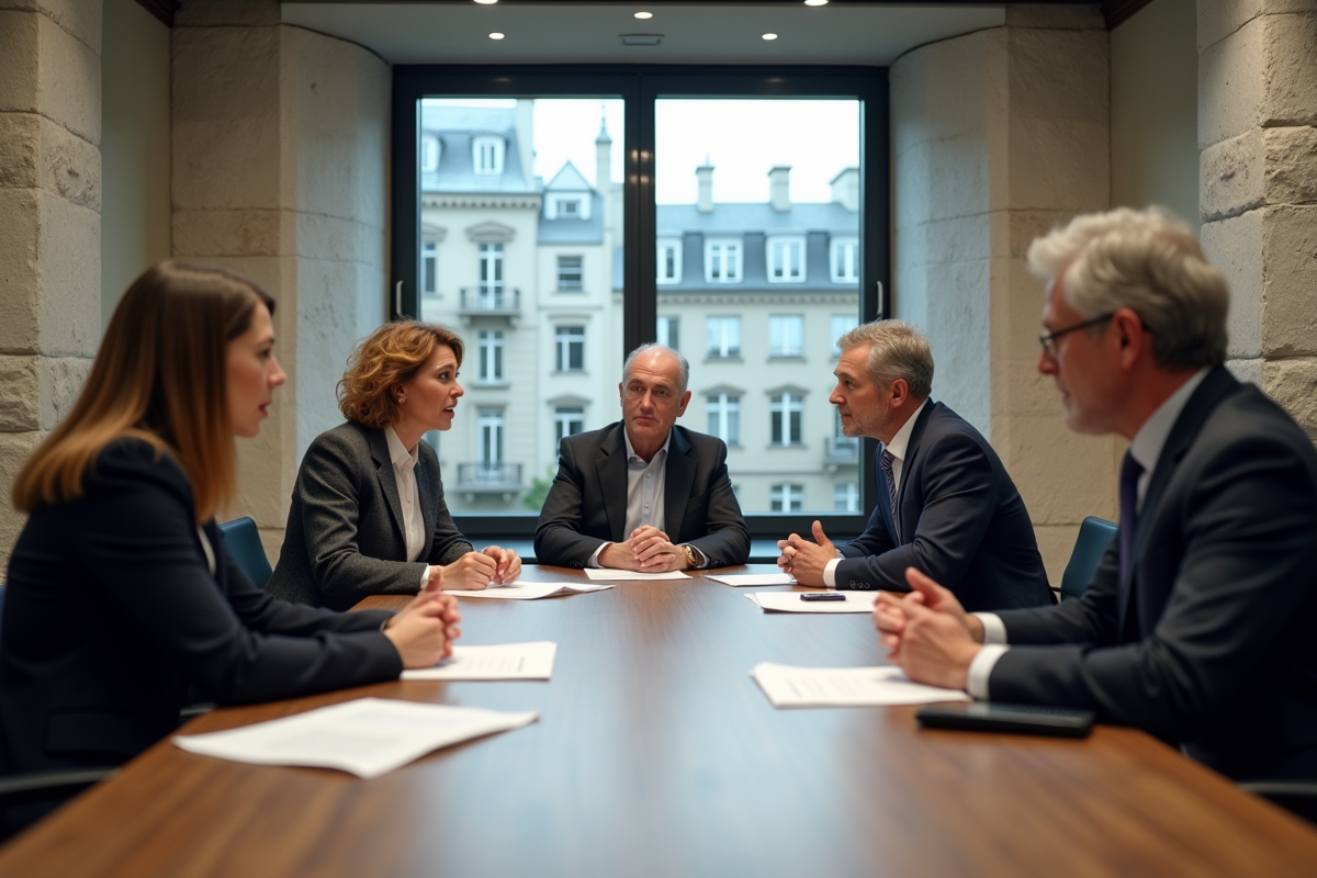 Groupe de cinq adultes en discussion dans un bureau officiel
