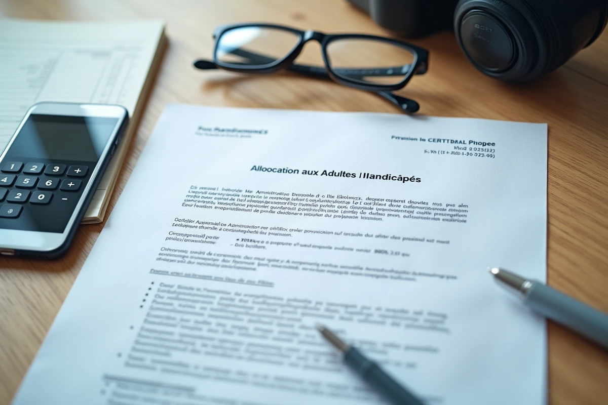 Documents administratifs de l'AAH et de la retraite posés sur un bureau avec calculatrice et notes manuscrites