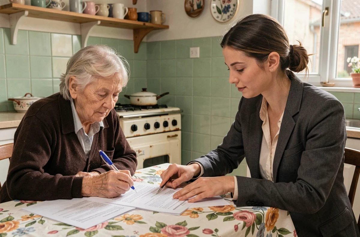 Assistante sociale expliquant les aides APA à une personne âgée à son domicile