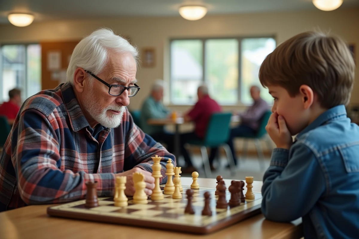 Senior jouant aux échecs avec un jeune enfant dans une salle communautaire, moment de transmission intergénérationnelle autour d'un jeu de stratégie