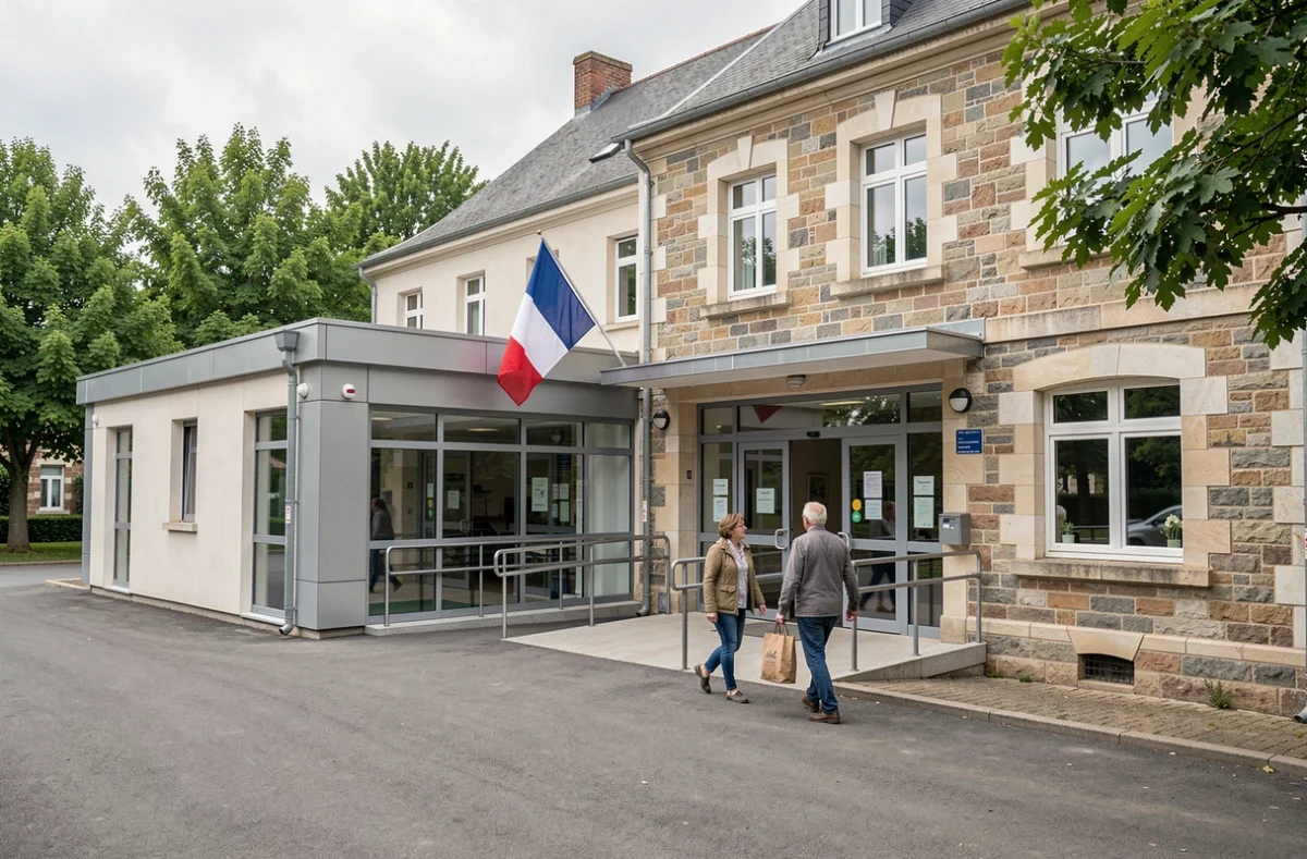 Façade d'un EHPAD public de l'Oise avec entrée accessible, drapeau français et visiteurs se dirigeant vers l'accueil