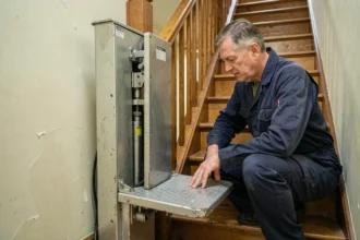 Technicien inspectant un élévateur PMR d'occasion installé dans une cage d'escalier résidentielle
