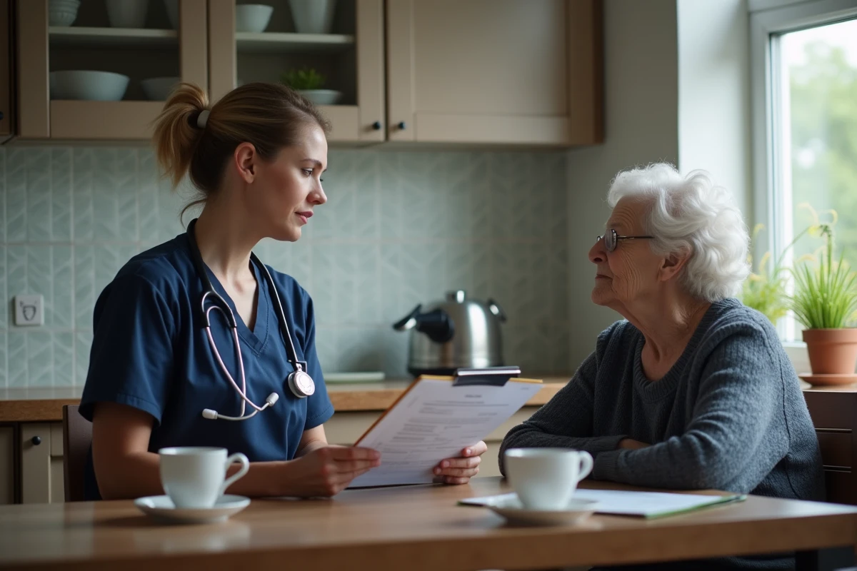 Professionnelle de santé évaluant le niveau de GIR d'une personne âgée à domicile lors d'une visite d'évaluation
