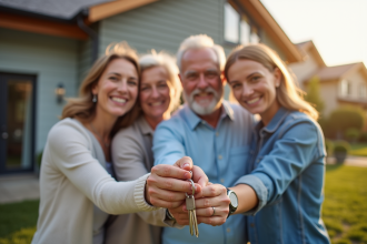 Famille multigenerational souriante devant une maison moderne