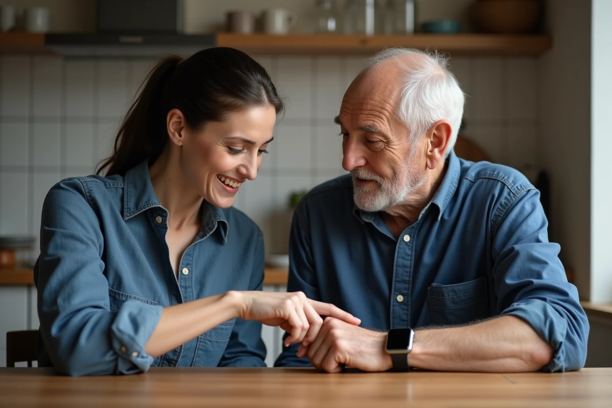 Fille aidant son père âgé à utiliser une montre connectée GPS pour personne atteinte d'Alzheimer à domicile