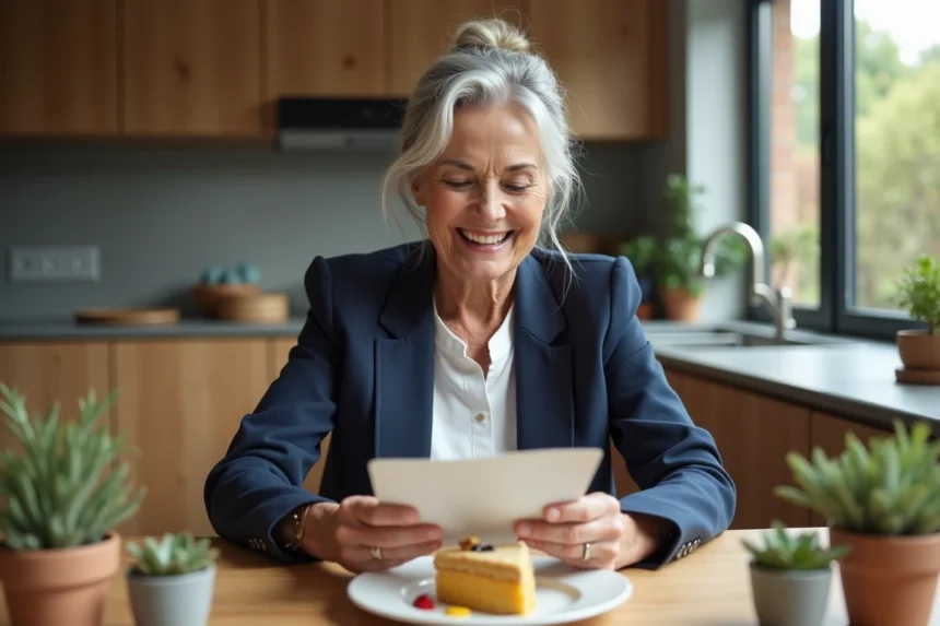 Femme de 70 ans riant en lisant une carte d'anniversaire manuscrite dans une cuisine moderne au style scandinave