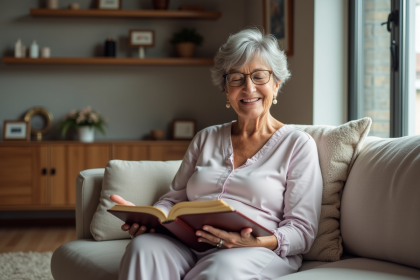 Femme de 70 ans lisant un livre dans un salon cosy