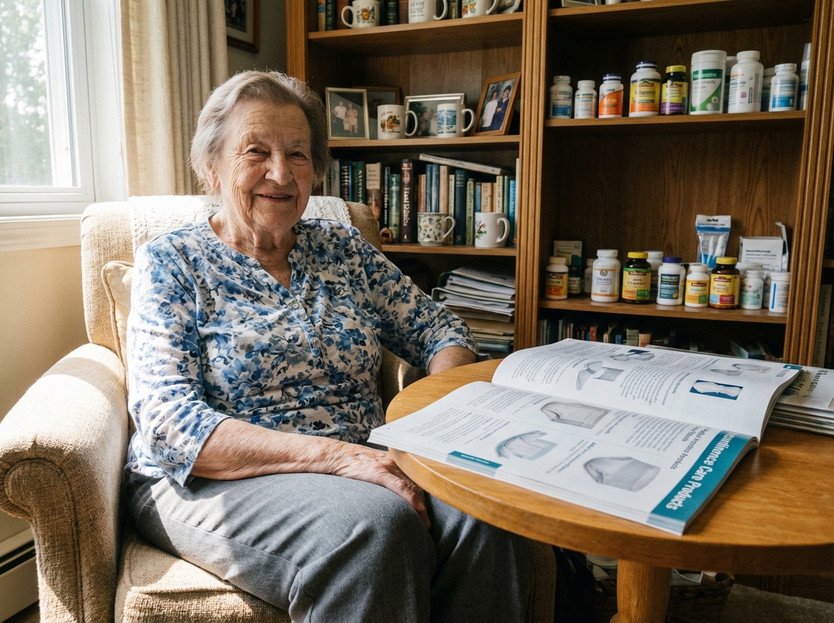 Femme âgée examinant un catalogue de soins d'incontinence