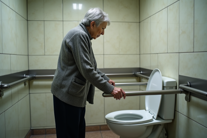 Femme agee utilisant une barre d'appui dans un WC public