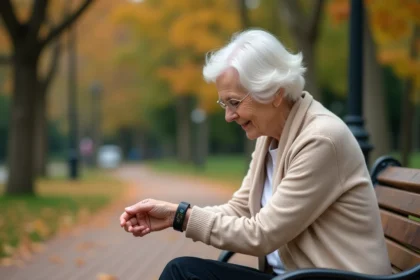 Femme âgée assise dans un parc regardant son bracelet GPS Alzheimer avec sérénité en automne