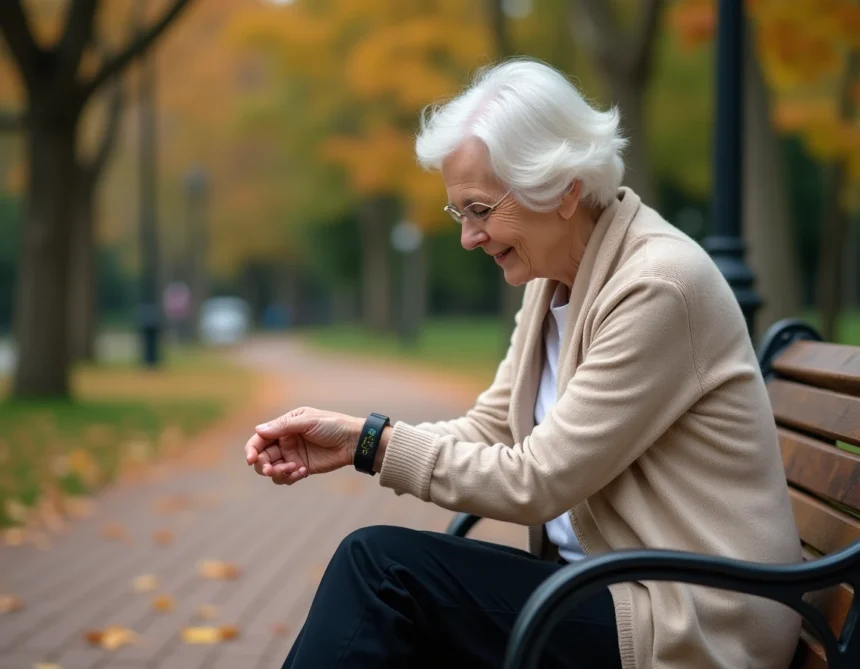 Femme âgée assise dans un parc regardant son bracelet GPS Alzheimer avec sérénité en automne