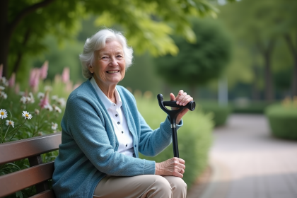 Femme agee souriante avec canne dans un parc urbain