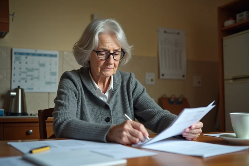 Femme âgée en train de consulter des documents administratifs sur le cumul AAH et retraite à son domicile