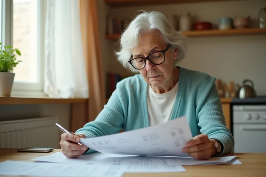 Femme âgée examinant des documents financiers pour les aides à la maison de retraite