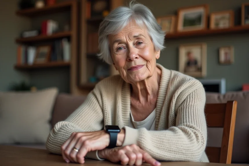 Femme âgée avec montre connectée pour Alzheimer dans son salon, regardant l'écran de son smartwatch avec sérénité