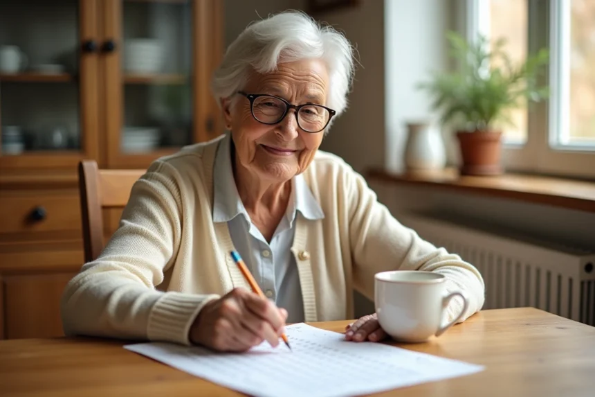 Femme âgée résolvant des mots mêlés imprimés à table dans une cuisine chaleureuse