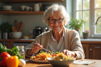 Femme agee mangeant un repas sain dans la cuisine
