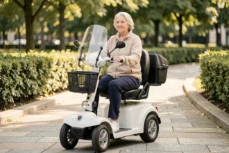 Femme âgée sur un scooter électrique PMR équipé d'accessoires de confort dans un parc urbain