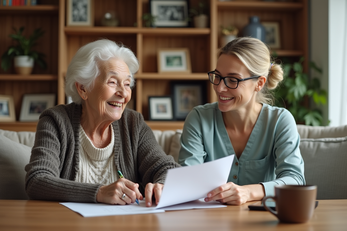 Femme agee souriante avec aidante dans un salon chaleureux