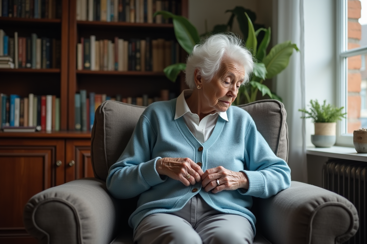 Femme agee en cardigan bleu se concentre pour boutonner