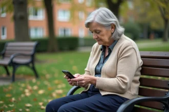 Femme âgée sur un banc avec GPS attaché à ses clés