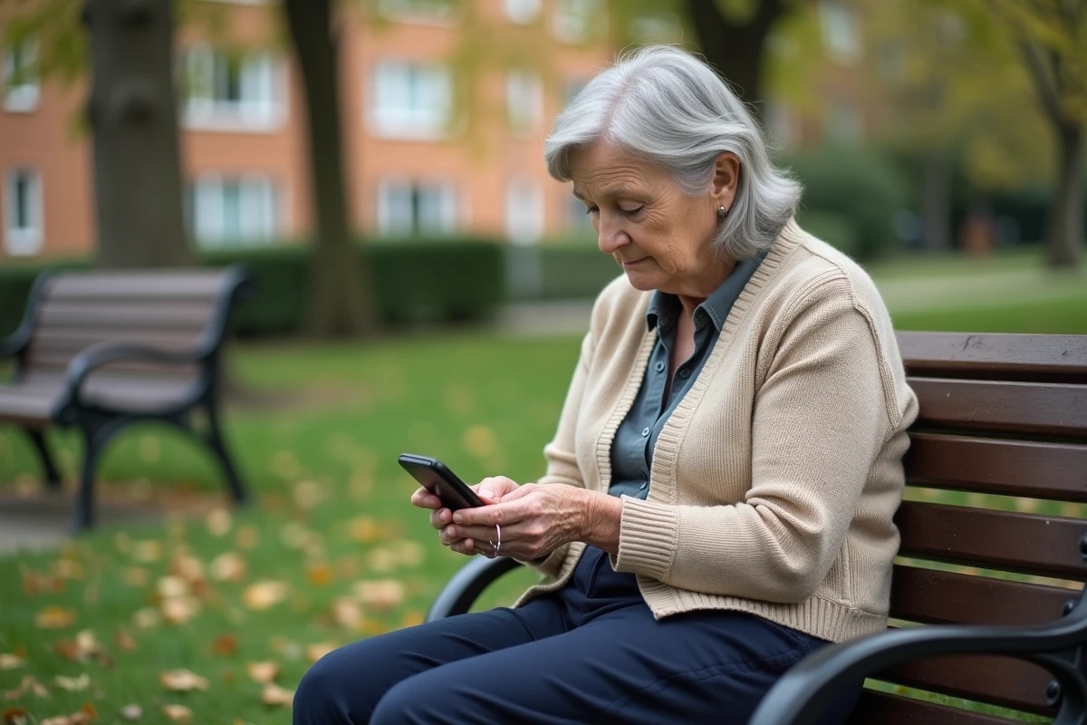 Femme âgée sur un banc avec GPS attaché à ses clés