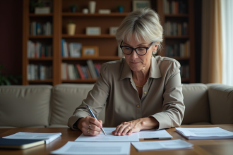 Femme d'âge moyen examine documents funéraires chez elle