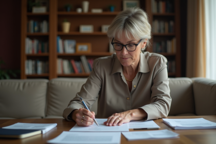 Femme d'âge moyen examine documents funéraires chez elle