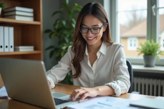 Jeune femme au bureau vérifiant ses finances