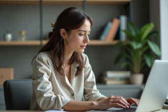 Femme au bureau à domicile pensive et fatiguée