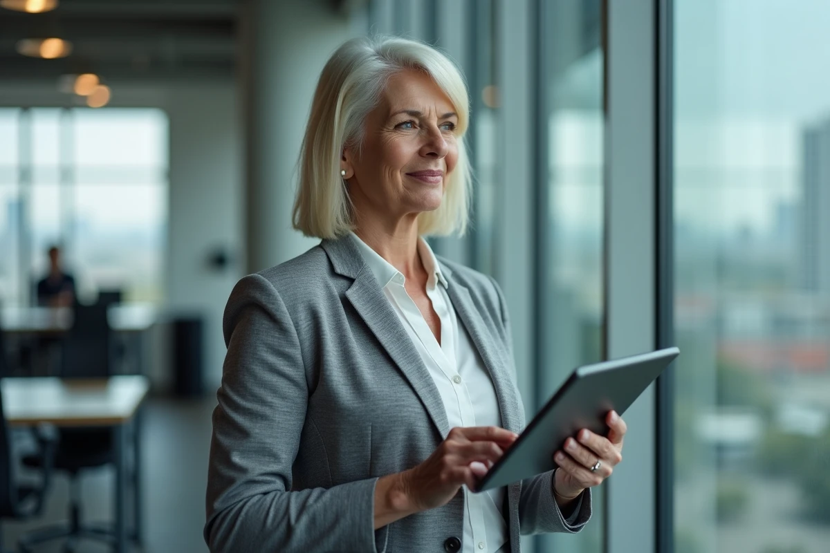 Femme cadre en fin de carrière consultant une calculatrice de retraite sur tablette dans un bureau moderne, thème retraite secteur privé et public