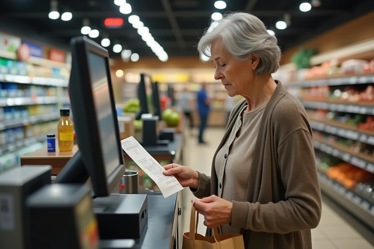 Femme vérifiant un reçu au supermarché