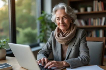 Femme confiante de 60 ans travaillant sur un ordinateur dans un bureau cosy