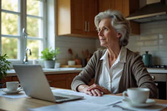 Femme d'âge moyen pensant à ses documents dans la cuisine