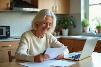 Femme souriante à la maison avec papiers et calculatrice