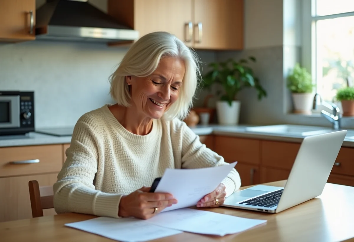Femme souriante à la maison avec papiers et calculatrice