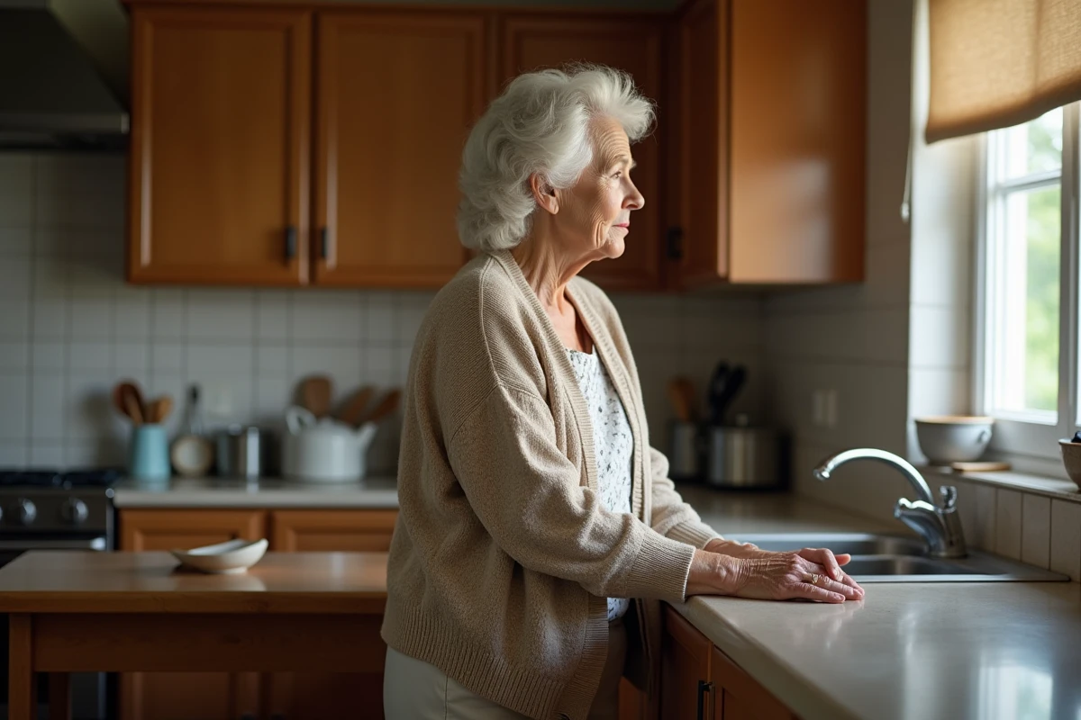 Femme âgée regardant par la fenêtre dans une cuisine chaleureuse