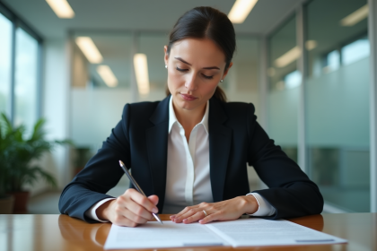 Femme en costume examinant des documents officiels