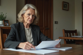Femme d'âge moyen examine des papiers à la maison