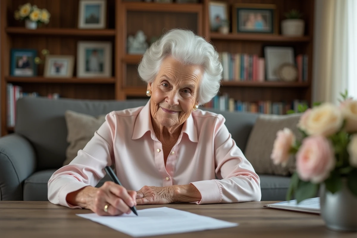Femme âgée de 82 ans signant un document dans un salon chaleureux