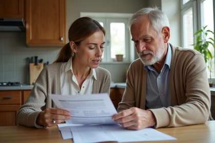 Femme d'âge moyen avec son père regardant des factures à la cuisine