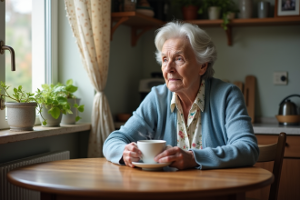 Femme âgée dans un café lumineux et chaleureux