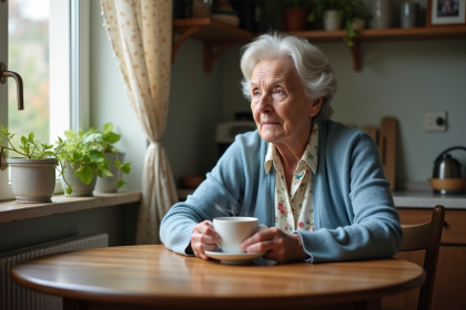 Femme âgée dans un café lumineux et chaleureux