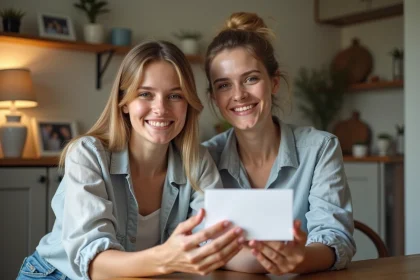 Femme et adolescente souriantes avec une enveloppe dans la main