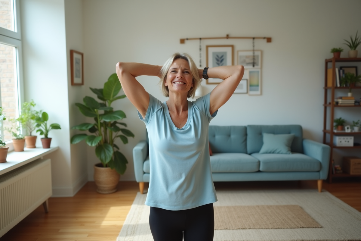 Femme d'âge moyen s'étirant dans un salon lumineux